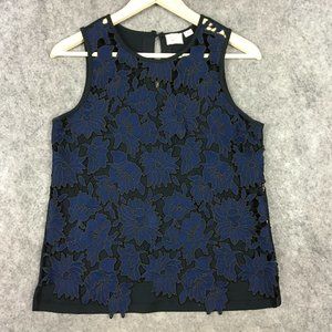 Anthropologie Postage Stamp Top XS Blue Floral Lace Blouse Sleeveless Tank Caree